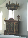 Predikstol tillverkad 1696 för gamla kyrkan av C Fabritius.