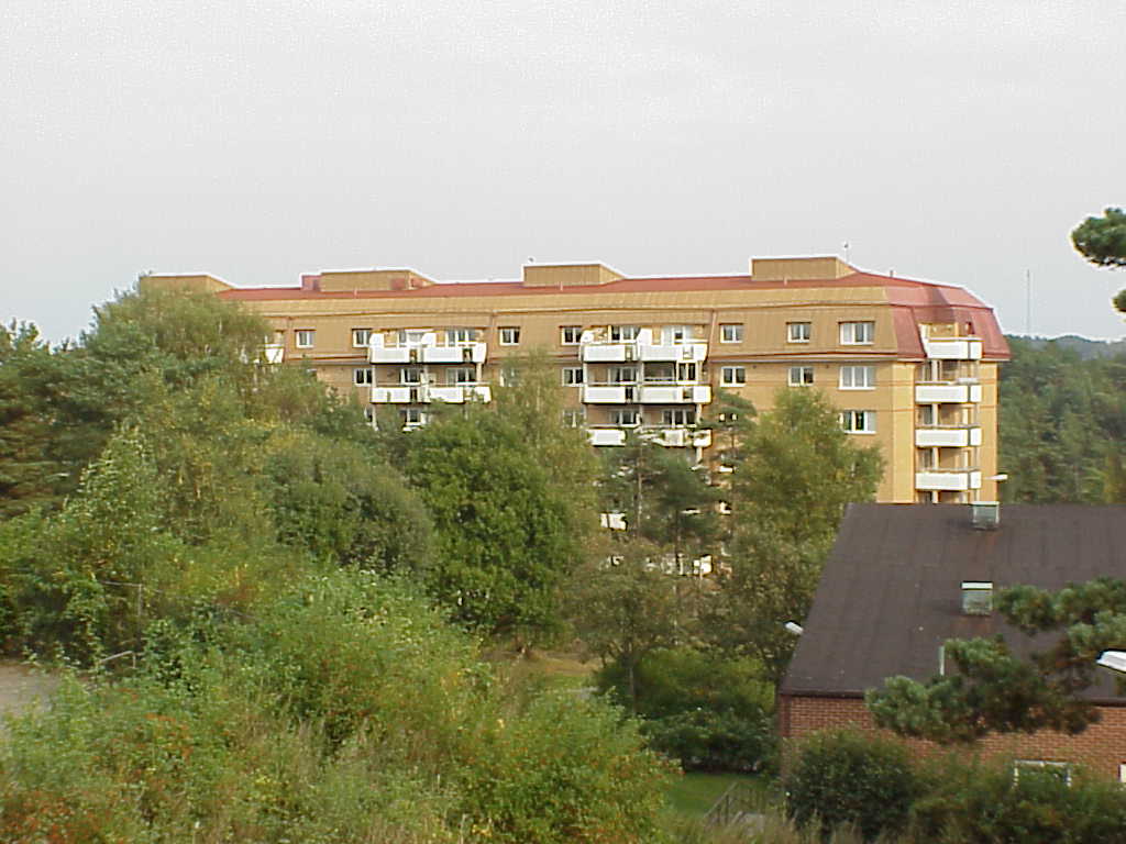 Skogen når inpå inpå Solstadens storskaliga nygestaltade byggnader i sänkan. Taket till höger tillhör en byggnad på Landmäreskolan. 