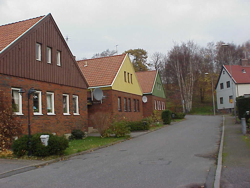 Husen är placerade helt nära Dammlyckegatan, döpt efter en damm till handelsträdgården som låg här tidigare. Till höger skymtar bostadshuset till gården, vars ägor detta och andra kedje- och radhusområden byggts upp på. 