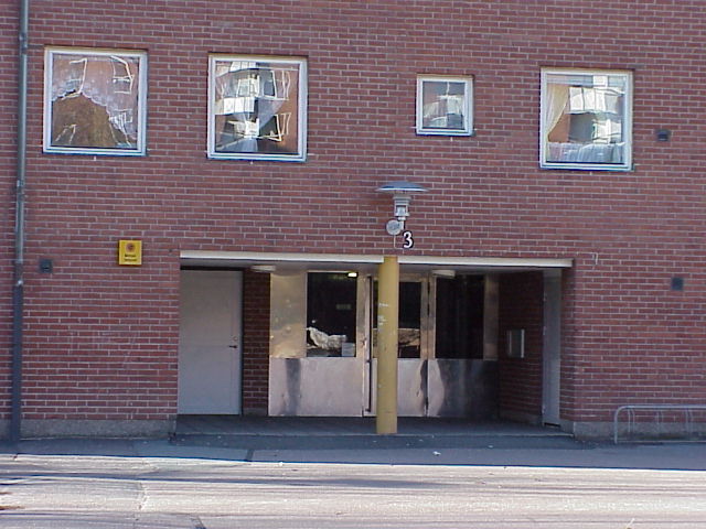 Breda entrépartier stöttas av en kolonn. Entréparti, skivhus.
