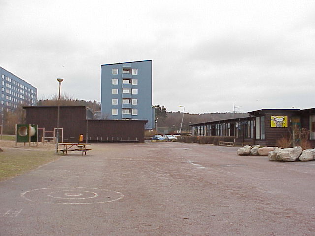 Skolan sedd från söder. I bakgrunden Blå stadens höghus.