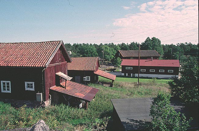 Ladugårdarna ligger på rad längre upp på land i anslutning till åker och betesmarker.