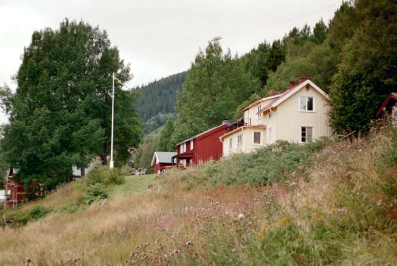 Foto från söder med bybebyggelsen på en avsats i sluttningen. Mangårdsbyggnaden 1:222 till höger.