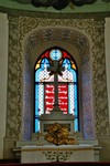 Målat, nygotiskt korfönster och ursprunglig altaruppsats i Ryda kyrka. Neg.nr. 04/129:19. JPG. 