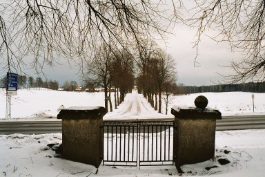 Östra ingången till Kyrkefalla kyrkogård med allé från prästgården. Neg.nr. 03/221:20. JPG. 