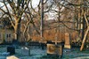 Parti av Stengårdshults kyrkogård med järnkors, i bakgrunden prästgården. Neg.nr. B963_054:15. JPG. 