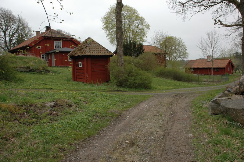 Ekebo gård, sedd från den gamla byvägen norrifrån. I förgrunden avträdet från 1700-talet. 