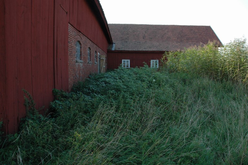 Anestad västergården, ladugården, fähusdelens bakre långsida till vänster, i fonden den vinkelbyggda logdelen.