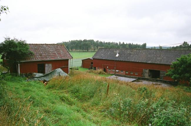 Till vänster om ladugården skymtar maskinhallen och längst till vänster i bild ser man vedboden. Bilden tagen från nordöst.
