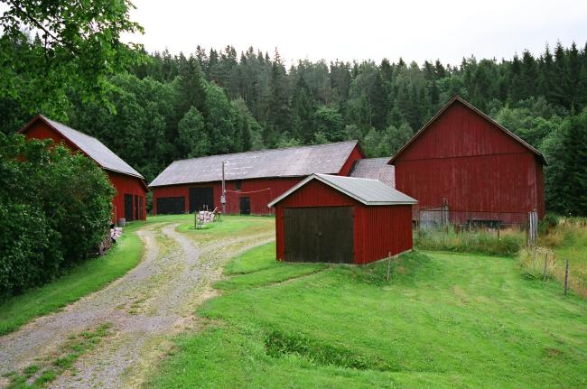 Bild på gårdsplanen som kantas av ekonomibyggnaderna. Bilden tagen från väster.