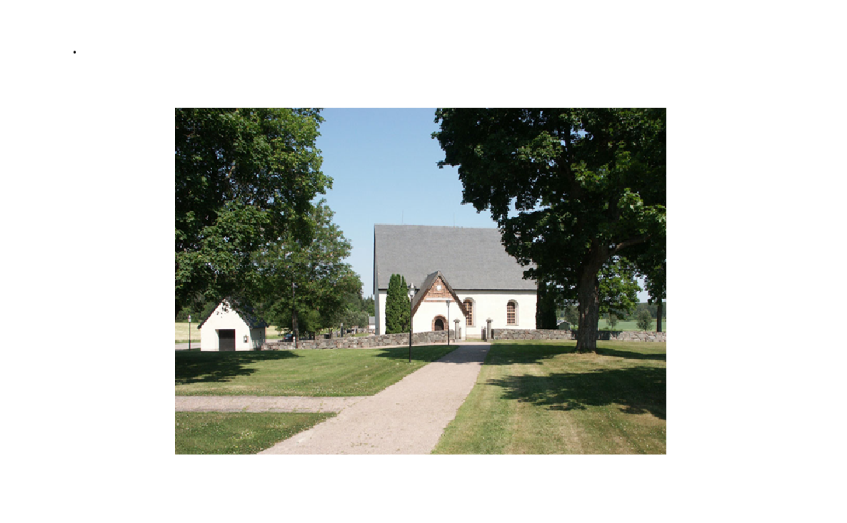 Ekeby kyrka från söder. Till vänster ses bårhuset. Södra kyrkogårdsmuren byggdes så sent som 1970. 
Kyrkan har helt och hållet bevarat sin senmedeltida form. 
