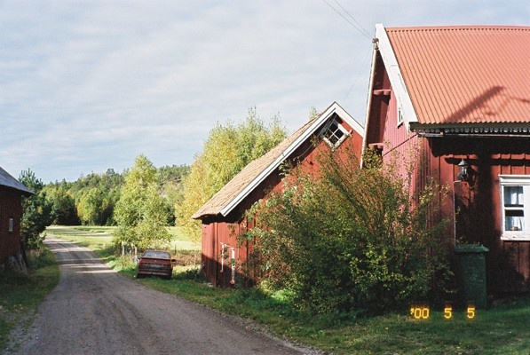Ladugård och lillstuga vid den norra vägkanten.