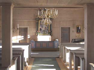 Bingsjö kapell, interiör, kyrkorummet sett mot Koret i öst. 