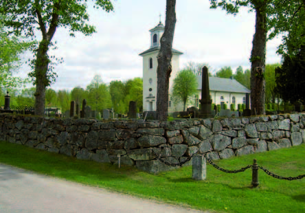 Kyrkan och kyrkogården sett från sydväst.Kyrkogården omgärdas av en kraftig kallmurad naturstenmur där delar av muren troligtvis har anor från
medeltiden.