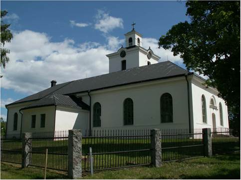 Kyrkans norra sida med sakristian mot norr. 