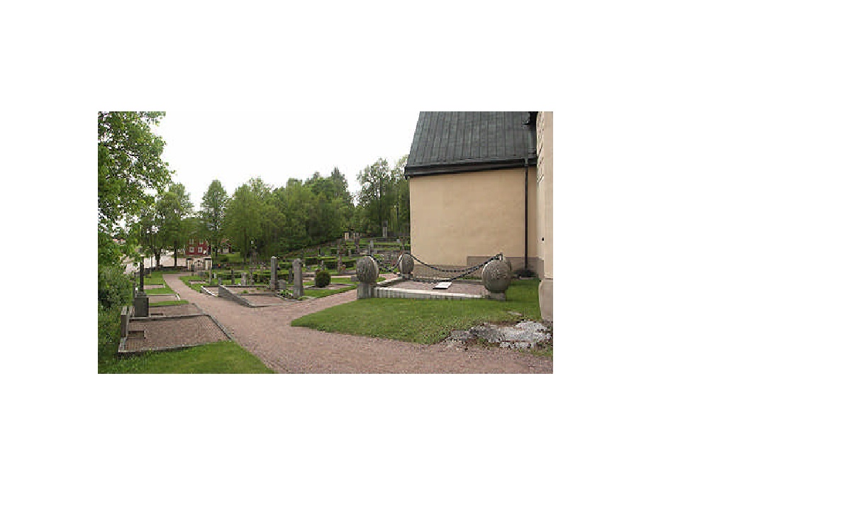 Gamla kyrkogården från nordost. T h södra korsarmen, framför den ses Bernadotte af Wisborgs
familjegrav, längst t h skymtar korets södra vägg.