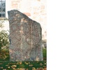 Runsten utanför Lovö kyrka med inskriptionen: ”Illuge lät resa stenen efter Tingfast, sin son --- -fast efter sin broder.