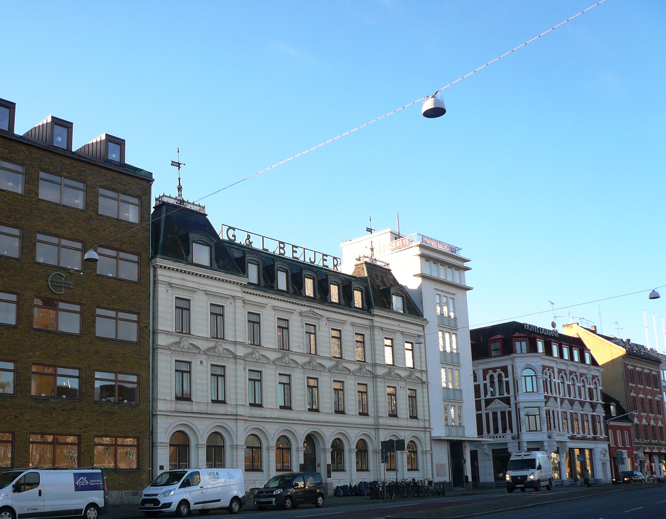 Beijerska huset, Malmö, del av byggnadsminnet Rosenvingska och Beijerska husen. 
Fasad mot Västergatan från nordost.