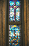 Allhelgonakyrkan, detalj av korfönstret med glasmålningar. 