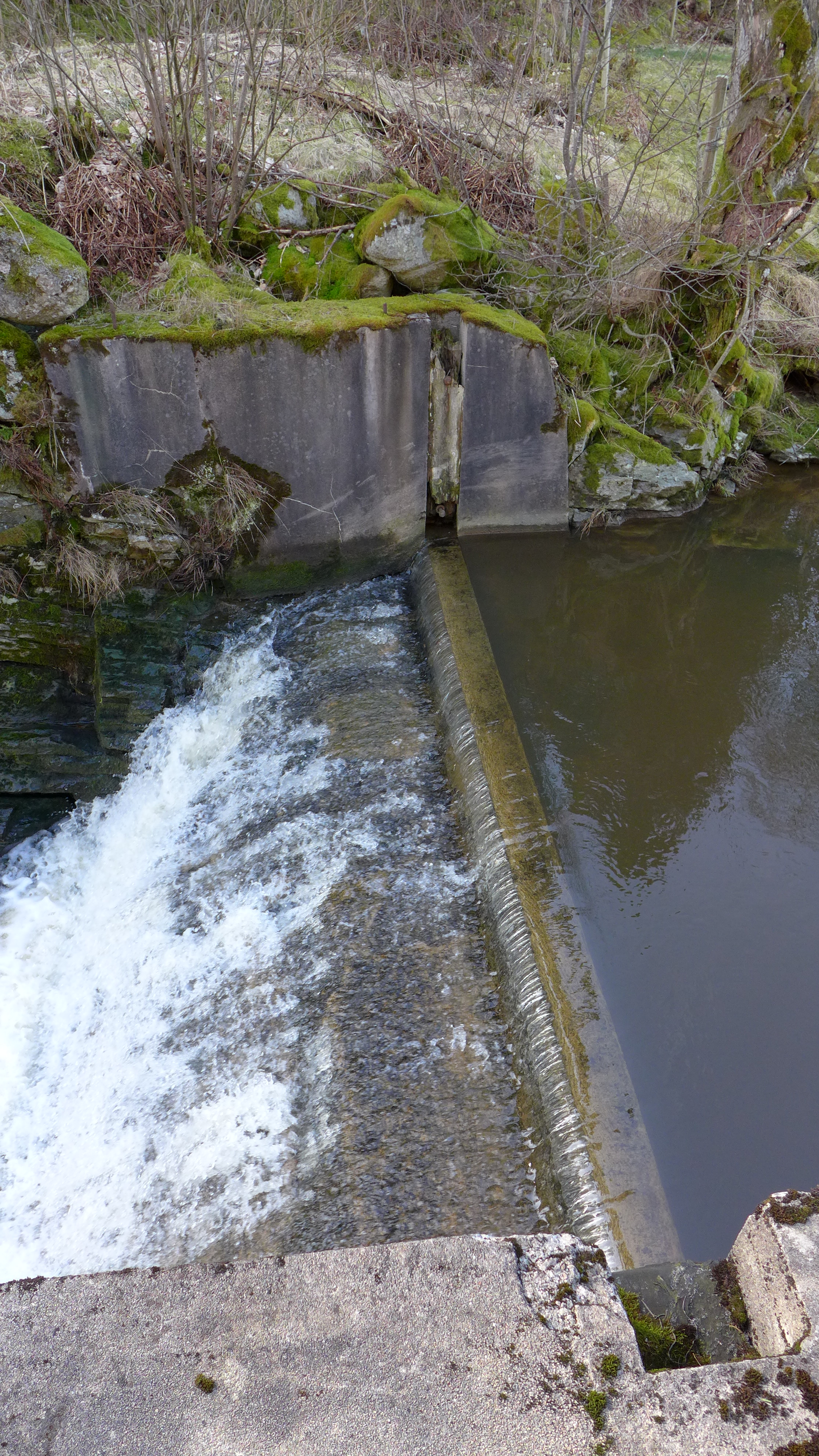 Avbördning av dammen sker via ett över en tröskel av betong. 