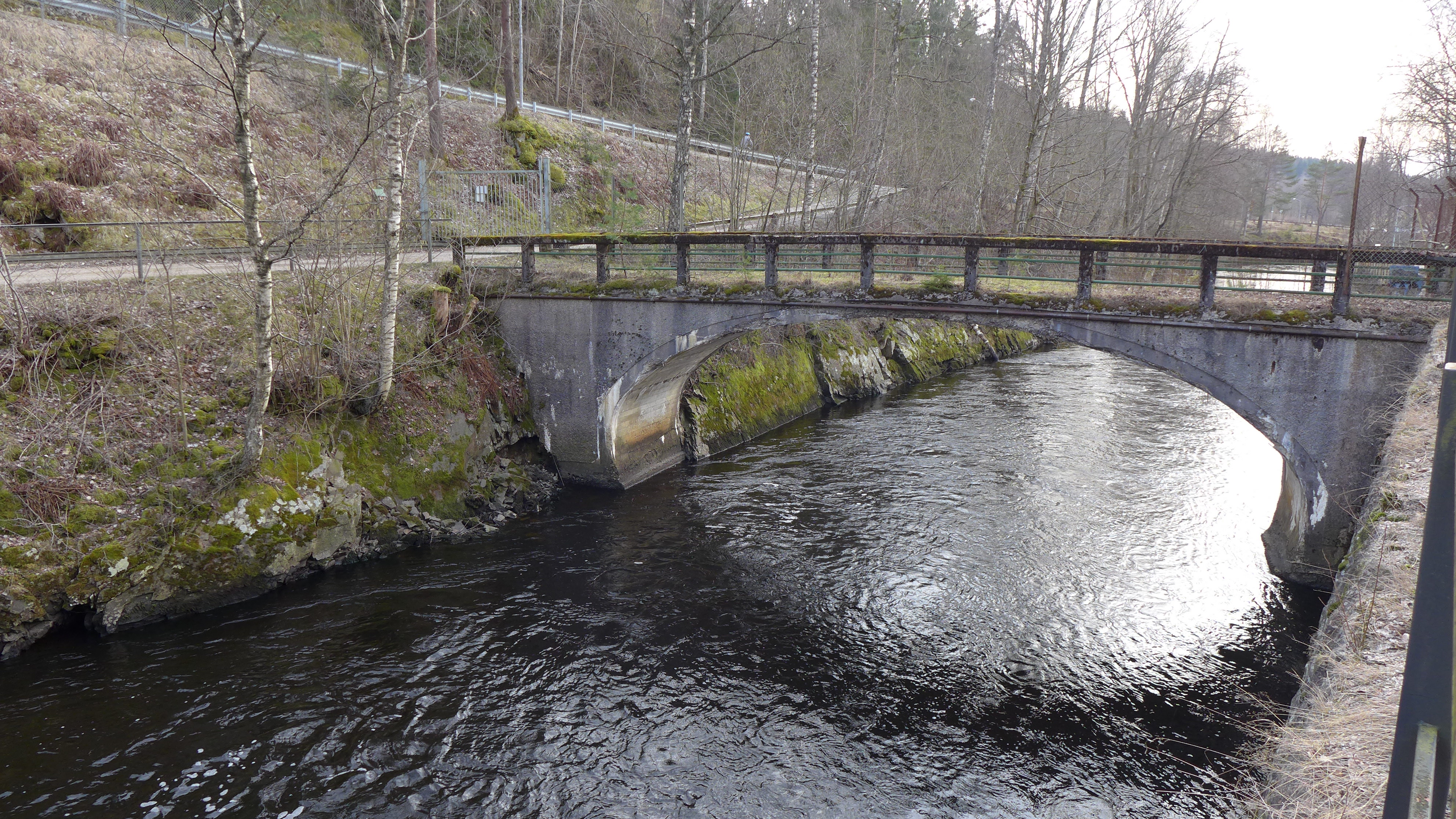 En betongbro är byggd över ån strax nedströms utloppet.