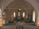 Säbrå kyrka, interiör, kyrkorummet, vy mot koret från läktaren. 