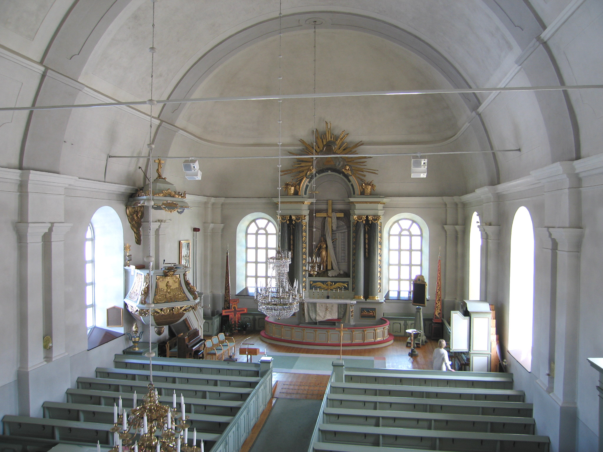 Stigsjö kyra, interiör, kyrkorummet, vy mot koret från läktaren. 