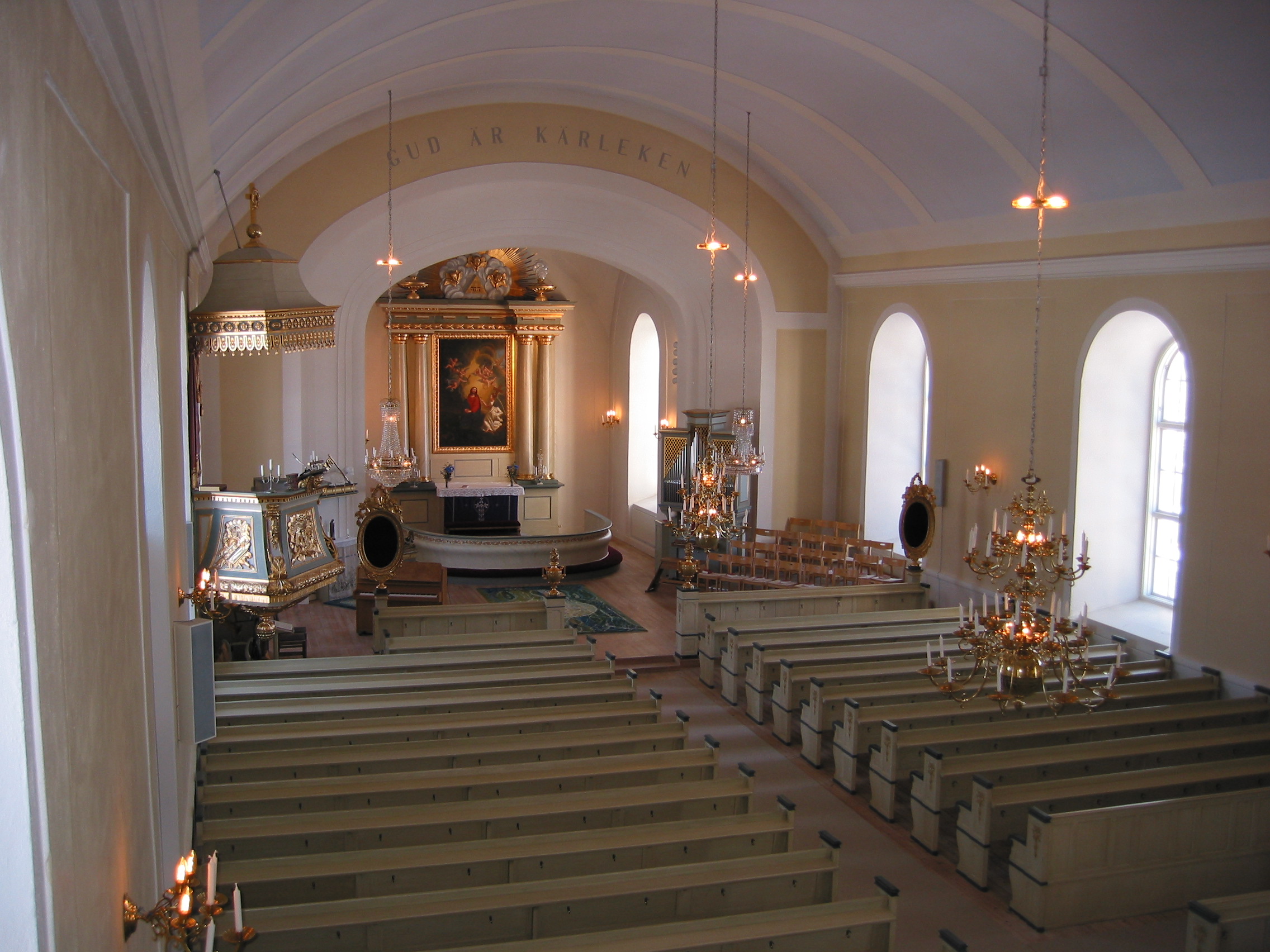 Bjärtrå kyrka, interiör, kyrkorummet, vy mot koret från läktaren.