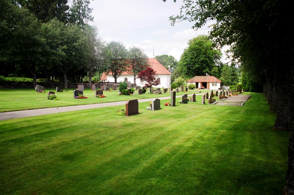Tunge kyrkogård med kyrkan i fonden, från SÖ.