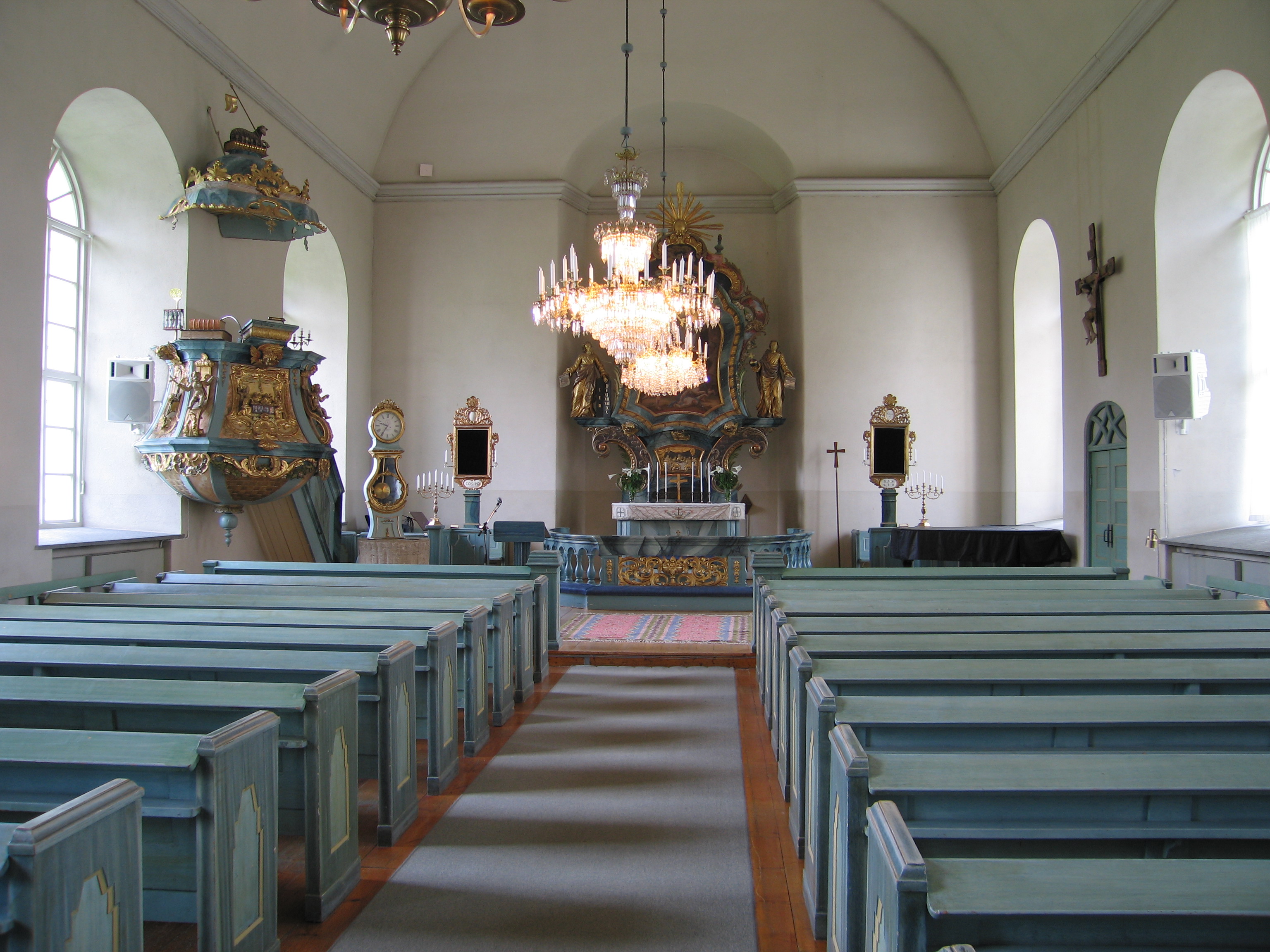 Stöde kyrka, interiör, kyrkorummet, vy mot koret från väster. 