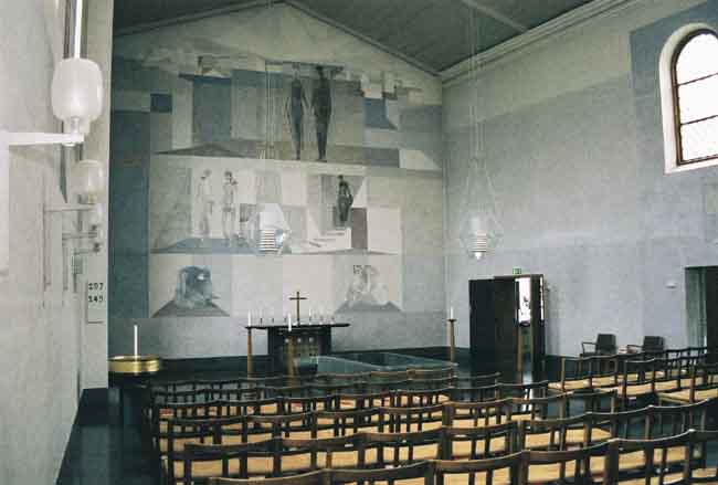 Ljusets kapell, interiört, kyrkorummet med kor i söder.