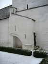 Burlövs kyrka, torn med utanpåliggande trappa, sett från nordväst.