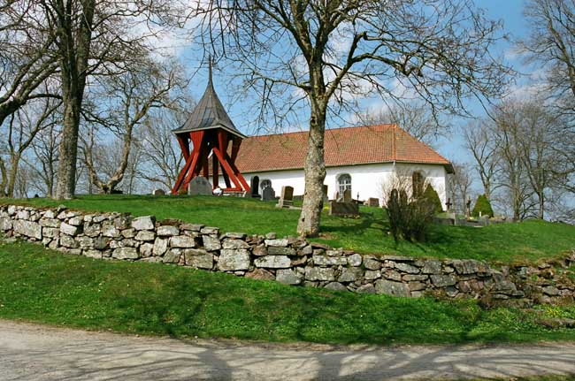 Kyrkan och den omgivande kyrkogården, sedd söderifrån. 