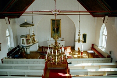 Målsryds kyrka, vy över koret från orgelläktaren.