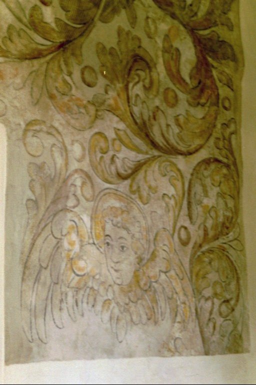 Binnebergs kyrka, detalj av ängel. 1600-talsmålning på norra långhusväggen. 
Neg nr 02/130:24.jpg