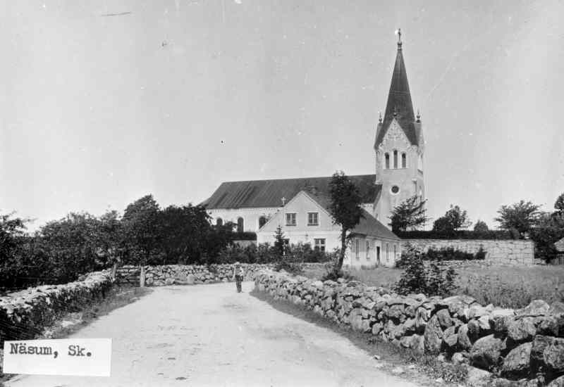 Näsums kyrka från norr med omgivningar. 
