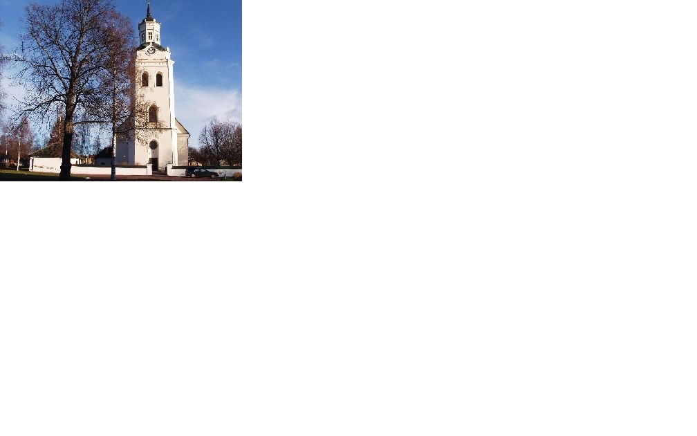Orsa kyrka, långhuset med västtorn, med omgivande kyrkogård med omgivande kyrkogårdsmur. 
