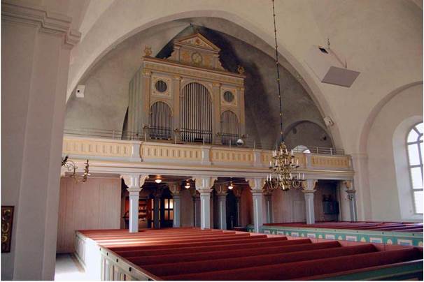 Bilden visar på ett tydligt sätt Alfta kyrkas utveckling. Murarna och valven är från 1760-talet, orgeln från 1830, läktaren från 1898-99, bänkarna från 1950-talet och läktarunderbyggnaden från 1980-81. 