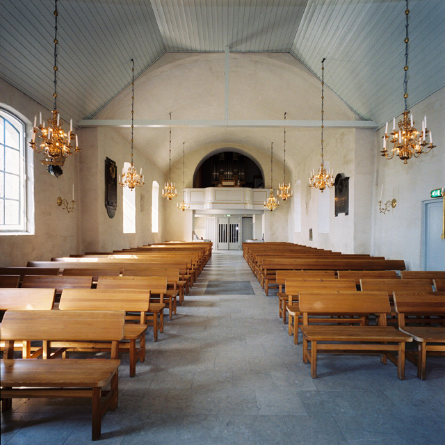 Brännkyrka kyrka, kyrkorummet mot orgelläktaren. 