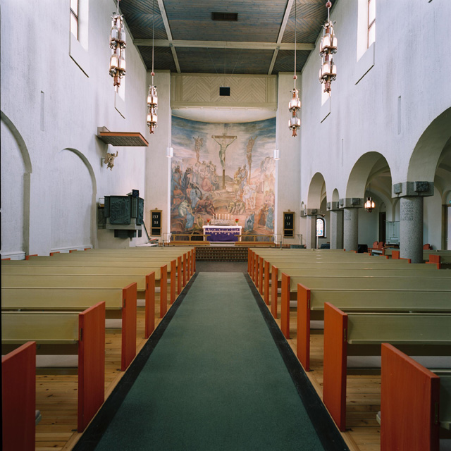 Västerledskyrkan, kyrkorummet mot koret. 
