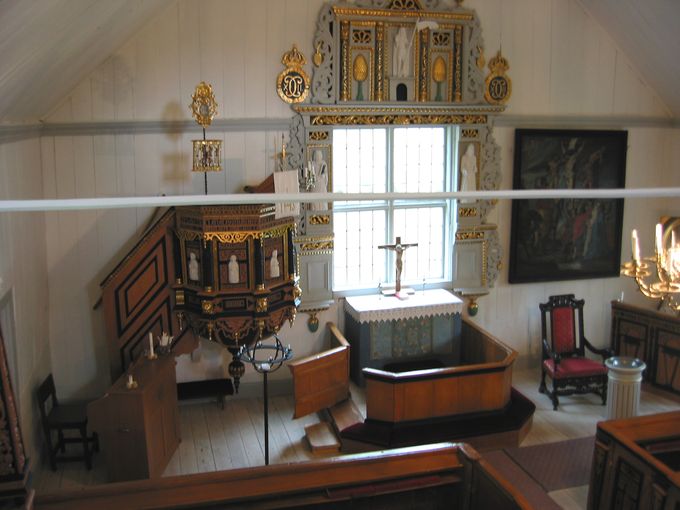 Galtströms kyrka, interiör, kyrkorummet, vy mot koret från läktaren. 