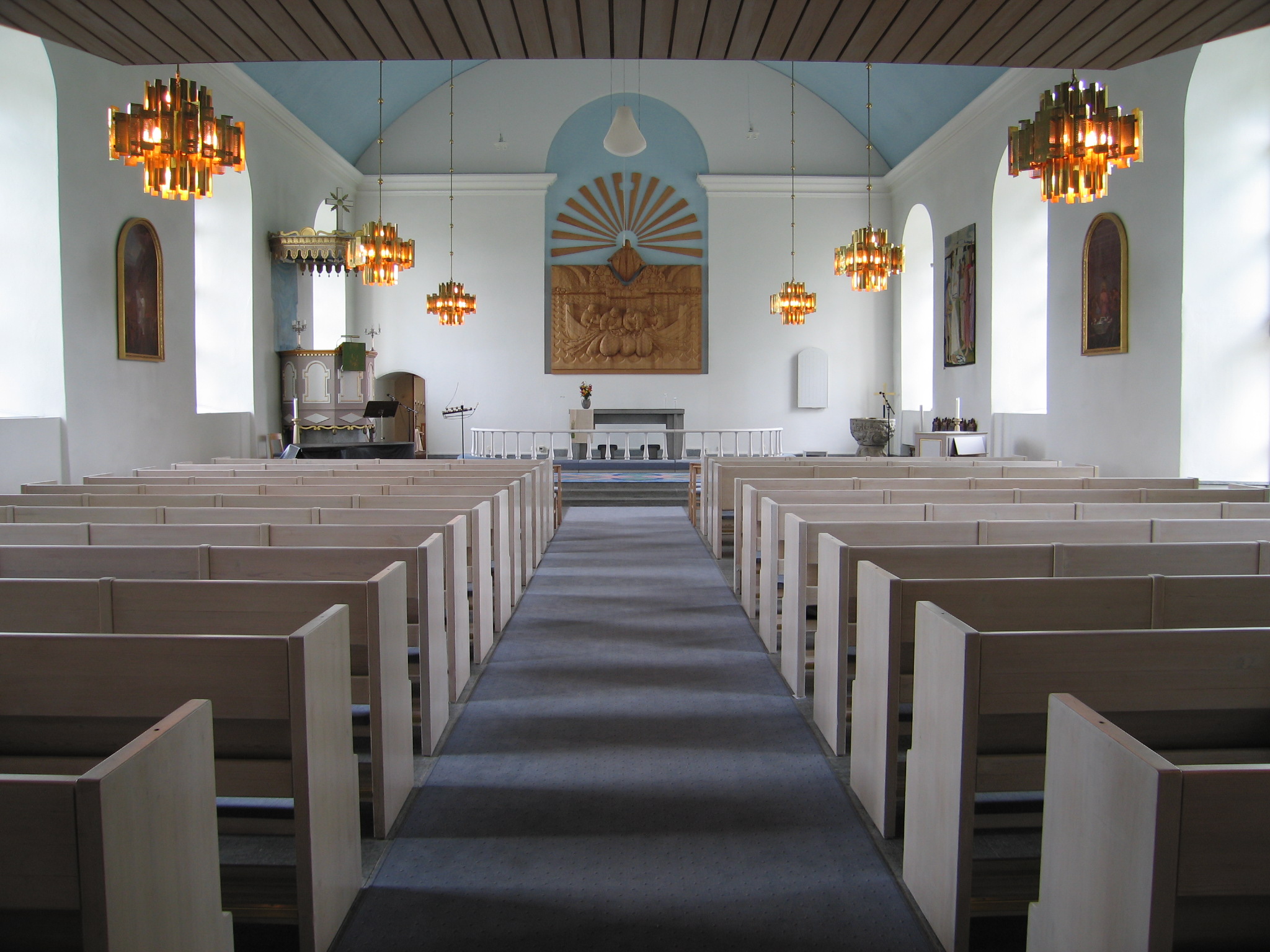 Sköns kyrka, interiör, kyrkorummet, vy mot koret. 
