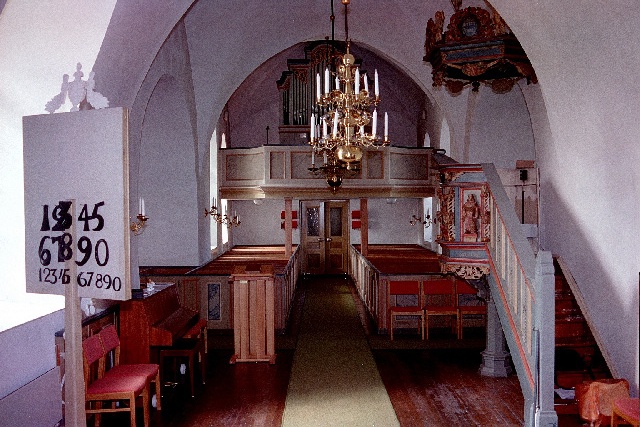Åsle kyrka interiör västparti, orgel och läktare. Negnr 01/277:31